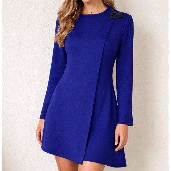 IC By Connie K Dresses & Skirts - IC by Connie-K Womens L Cobalt Scuba Shift Dress Asymmetrical Buckle VTG 90s USA